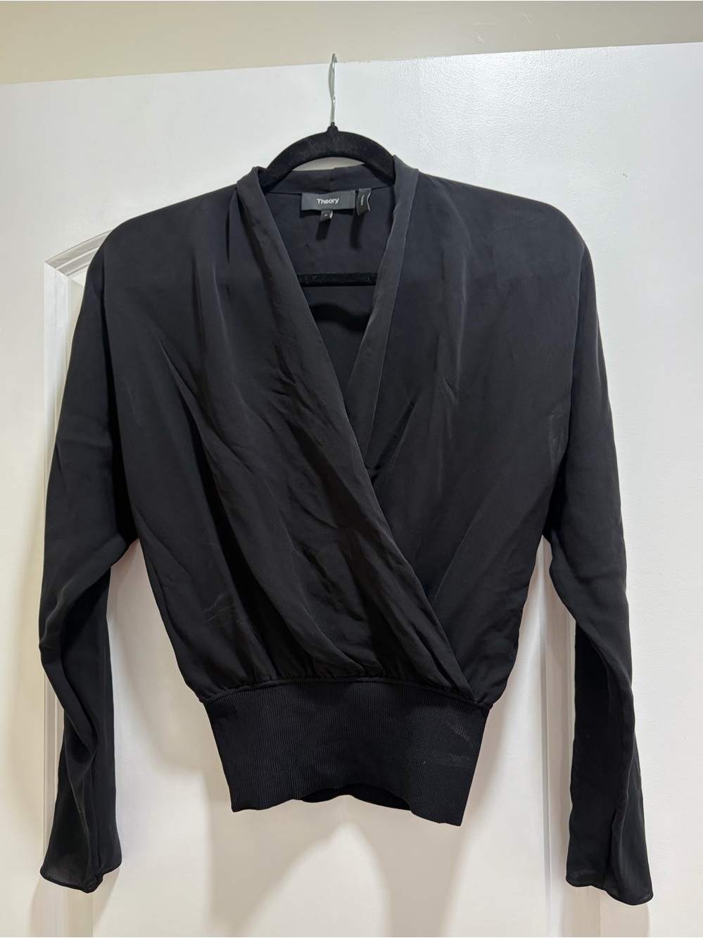 Theory Silk Wrap-Effect Long Sleeve Blouse with Ribbed Knit Waist - Black.